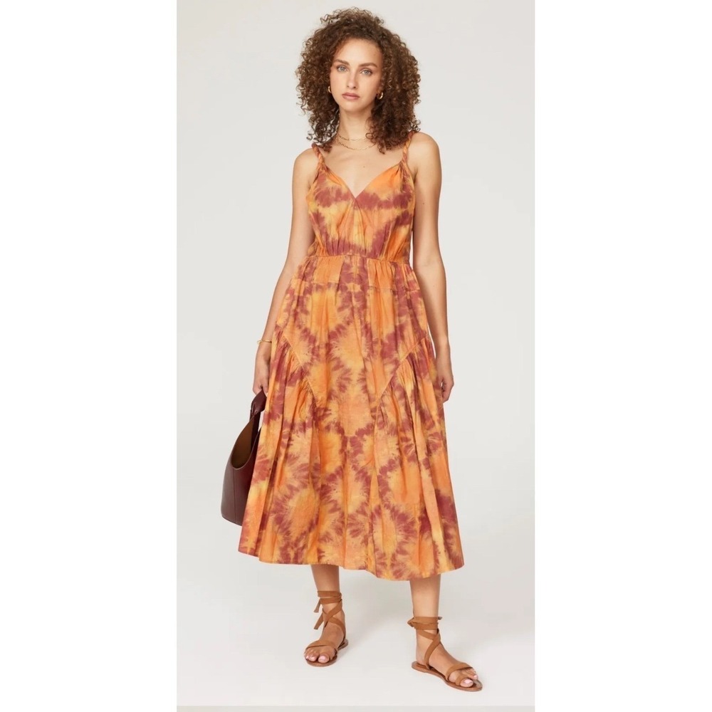 Ulla Johnson Valentina Dress Orange Tie Dye Sunburst Midi Cotton V-Neck Womens 4